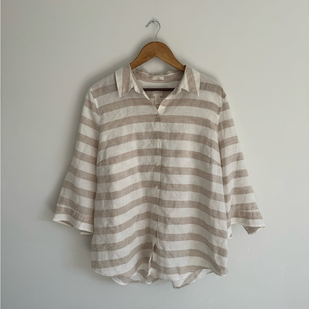 Chicos 100% Linen No Iron Tan White Button Down Preppy Coastal Top Size 3